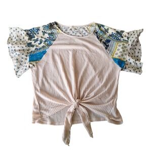 Umgee Womens XL Tie Front Waffle Knit Top Blue Paisley Contrast Flutter Sleeve